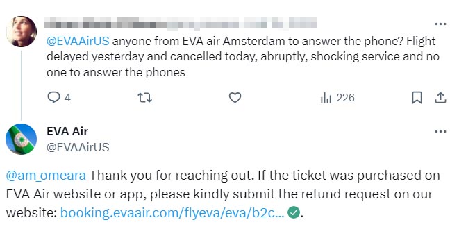 Contact the airline faster: (EVA Air twitter)