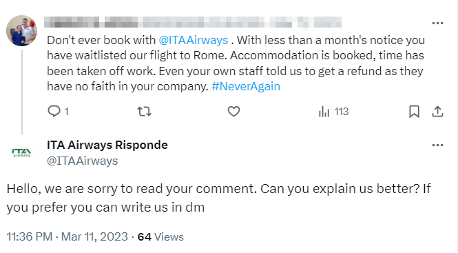 Contact the airline faster: (ITA Airways Twitter)