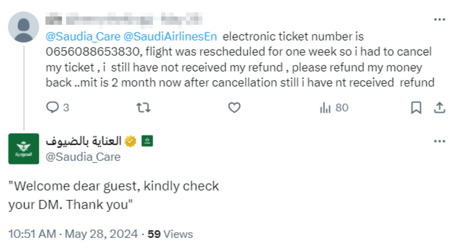 Contact the airline faster: (Saudia Care on twitter)