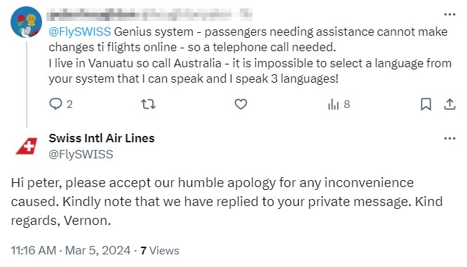 Contact the airline faster: (Swiss Twitter)