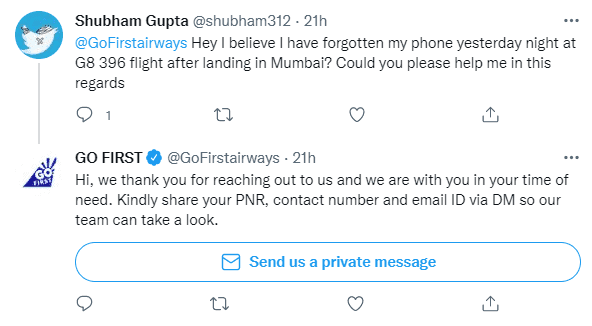 Go First airlines : customer care via Twitter DM